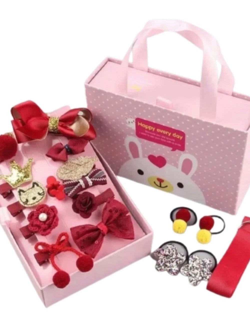 Pink Gift Box Set of Red & Pink Hair Accessories 18 pieces for lil girl/ baby